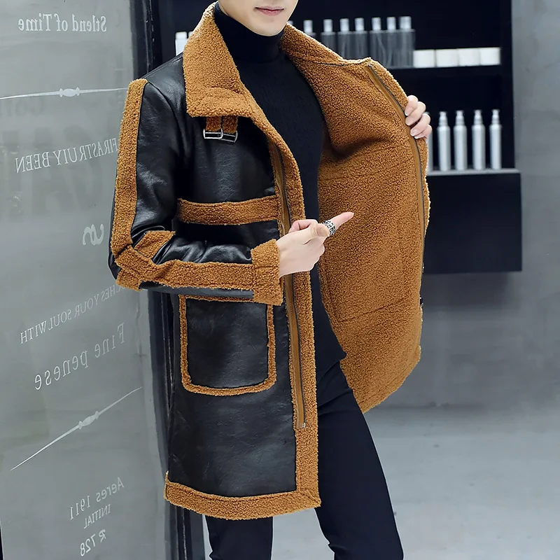 Зимнее тонкое мотоциклетное длинное кожаное пальто мужское повседневное