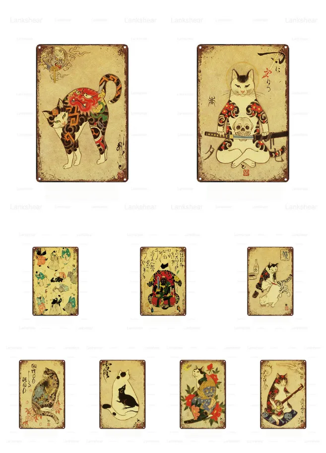 Милый Кот в японском стиле аниме фотографии винтажный жестяной знак