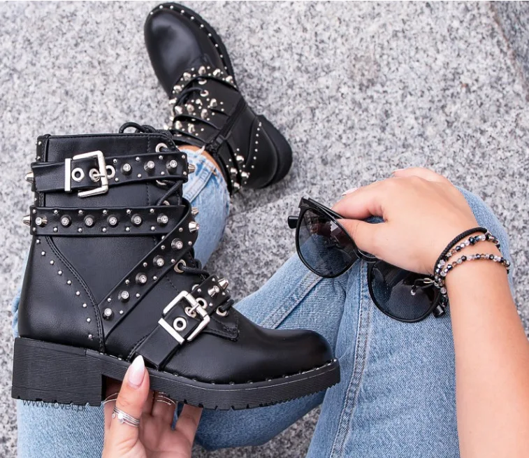 

Fujin High Quality Soft Leather Punk Style Women Motorcycle Boots botas mujer Black Boots Women Platform Heel Booties Rivet