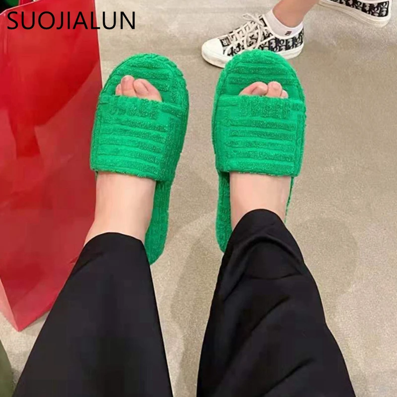 suojialun 2022 winter new brand women slipper fashion green fur slides high quality soft sole comfort open toe house flip flops free global shipping