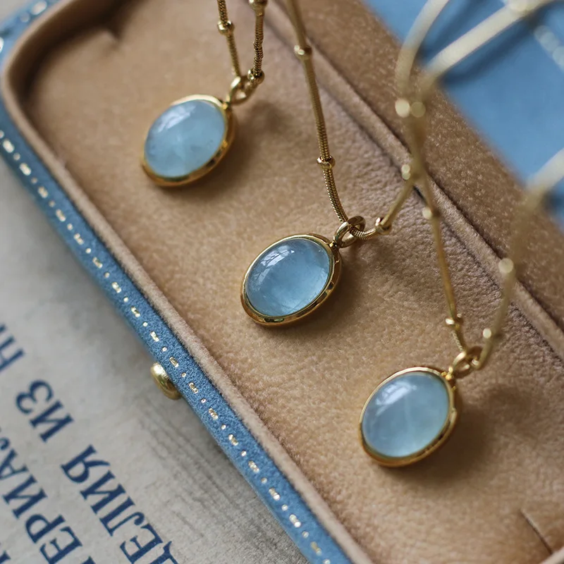 

2021 New Tarnish Free Stainless Steel Beads Chain Oval Natural Aquamarine Pendant Necklace Gold Plated Stone Necklace for Women