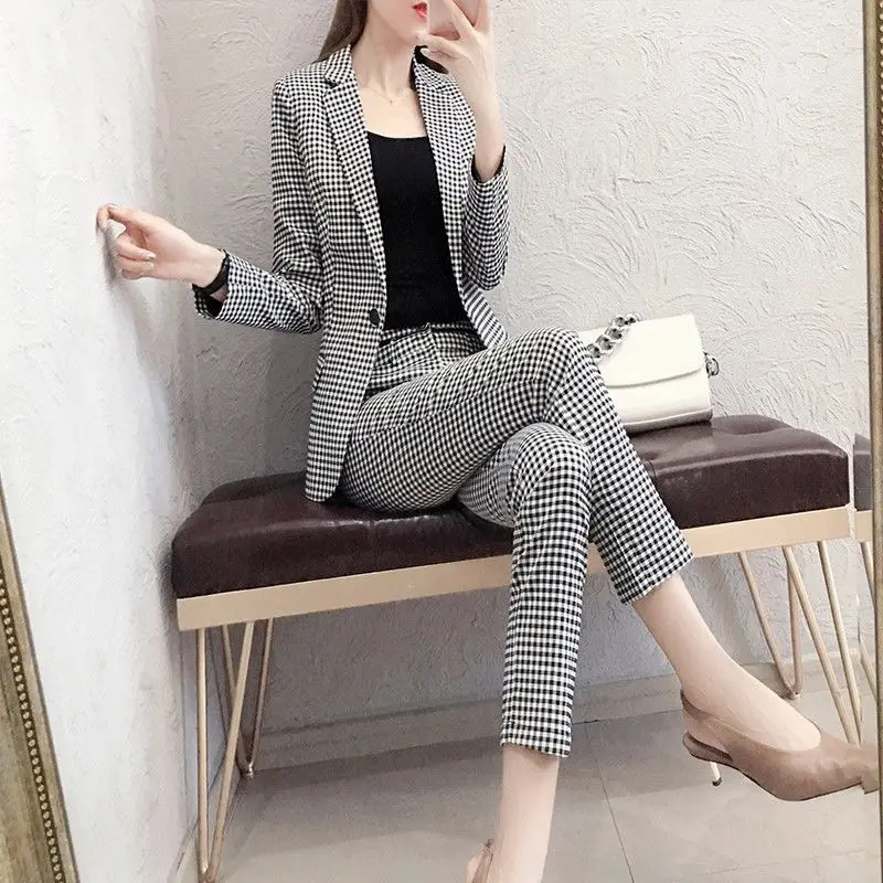 

Женский клетчатый костюм, повседневный костюм из двух предметов, блейзер на одной пуговице и брюки с высокой талией, весна-осень 2022, J69