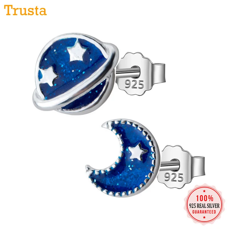 Trusta,, 925 пробы, серебряные женские модные милые миниатюрные асимметричные серьги-гвоздики с изображением Луны и звезды для дочек, DS327