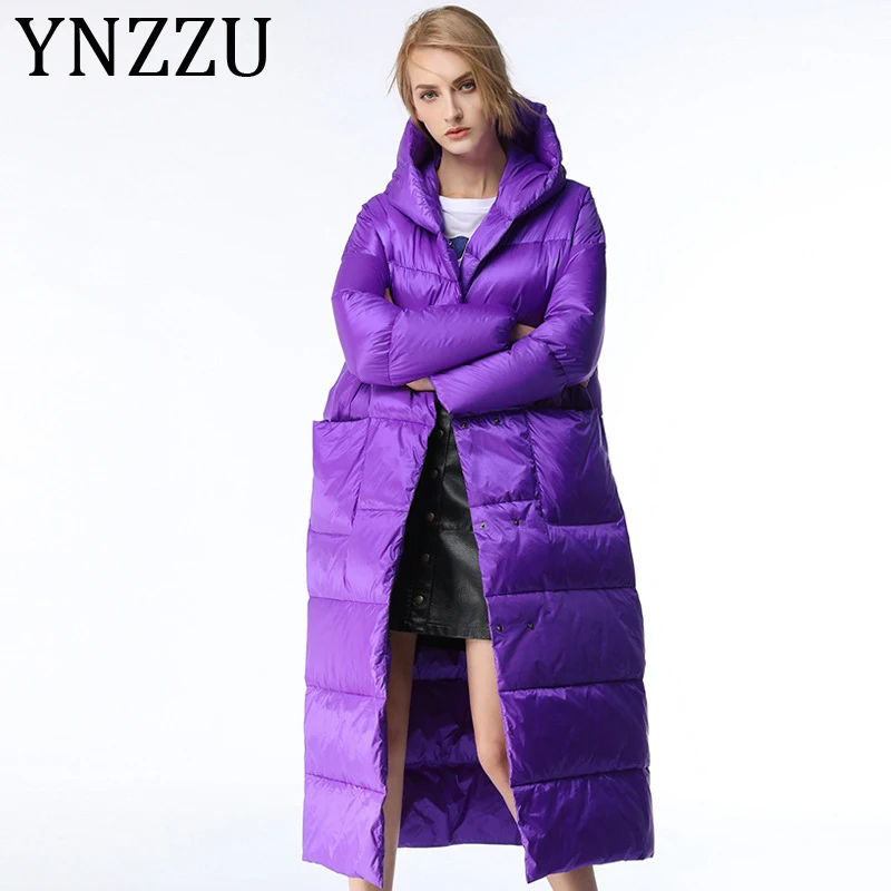 YNZZU роскошный 2019 зимний женский пуховик элегантный фиолетовый длинный плотный