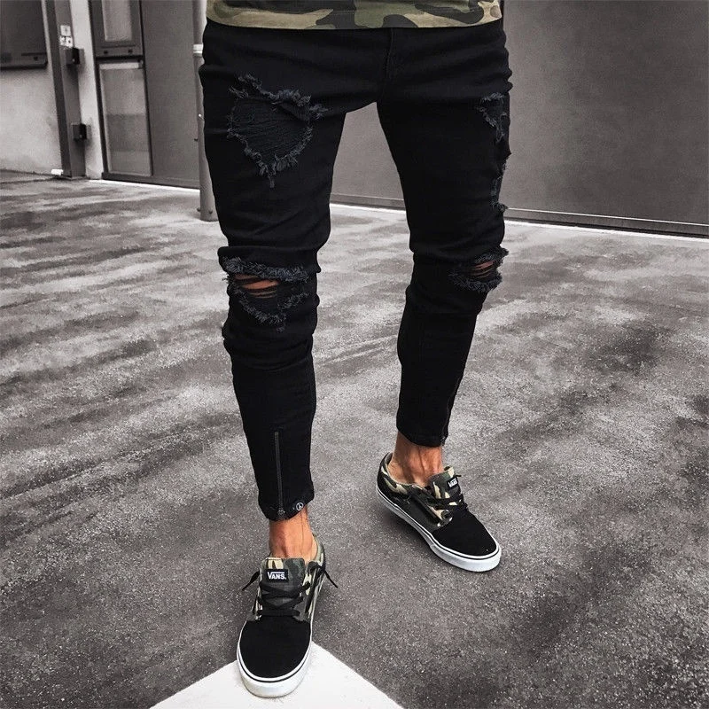

2021 Men's Skinny Slim Ripped Jeans Straight Ripped Distressed Pleated Knee Patch Denim Pants Stretch Elastic