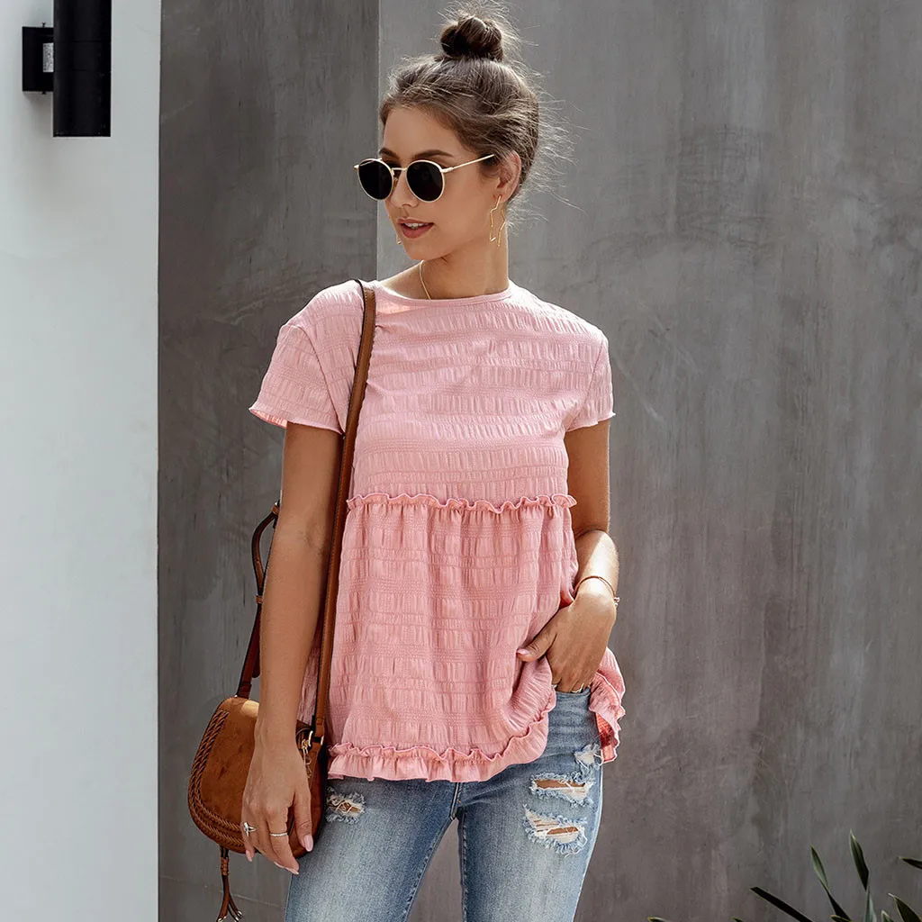 Блузка Feitong женская с круглым вырезом Повседневная рубашка оборками и короткими