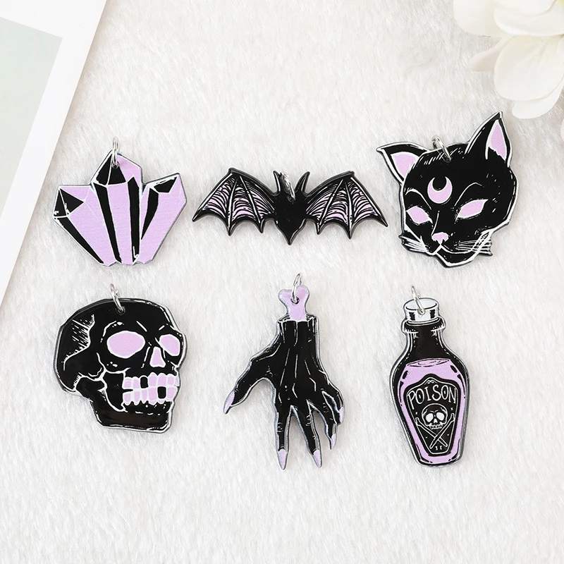 24Pcs Pastel Goth Black Witchy Charms Spooky Creative Acrylic Skull Cat Bat Pendant For Earring Necklace Diy Making