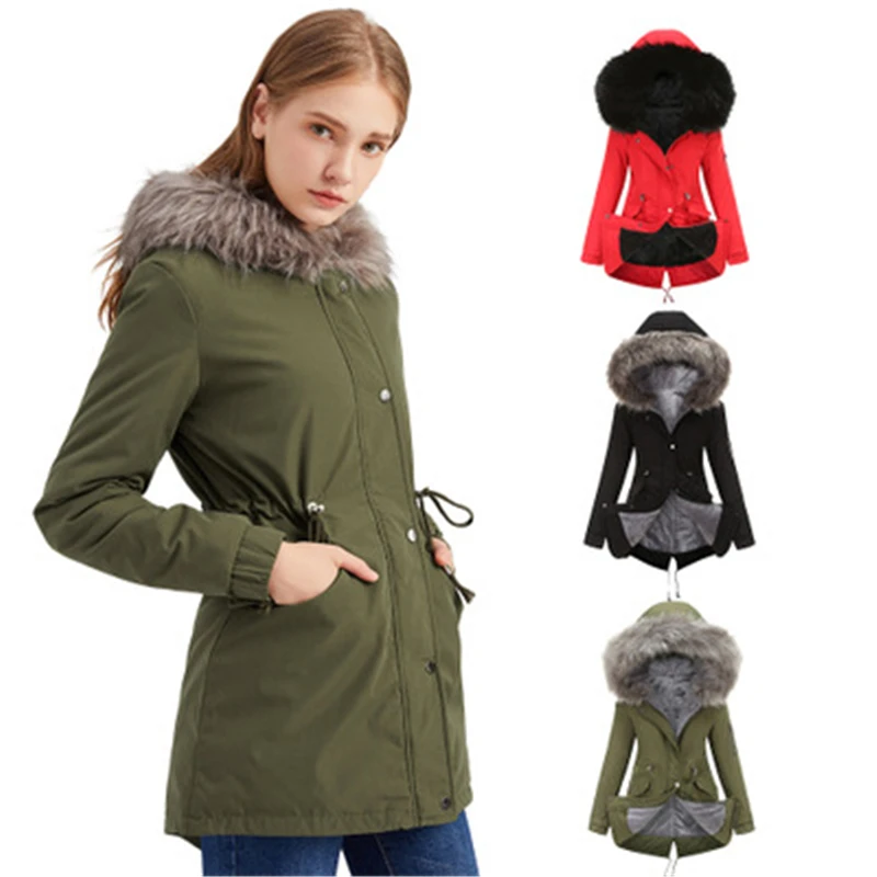 Warm Cotton Coat Jacket Tide Fashion Winter Fur Collar Hooded Plus Velvet Female Mid-length Plus Size Long Slim Fleece