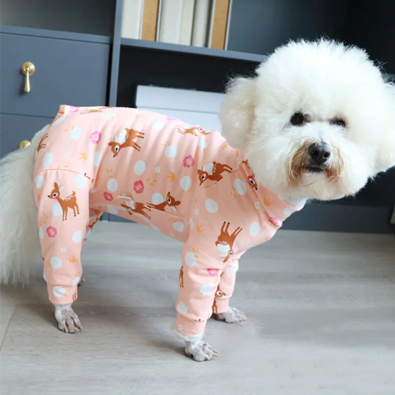 

Pet Dog Spring New Jumpsuits 100% Cotton Hoodies Fashion Cartoon Print Dogs Clothes Wrap Belly Romper Chihuahua Teddy Overalls