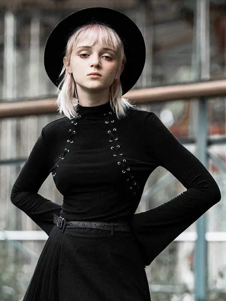 Панк рейв Женская готика Высокая шея пересекающая веревку с длинными рукавами