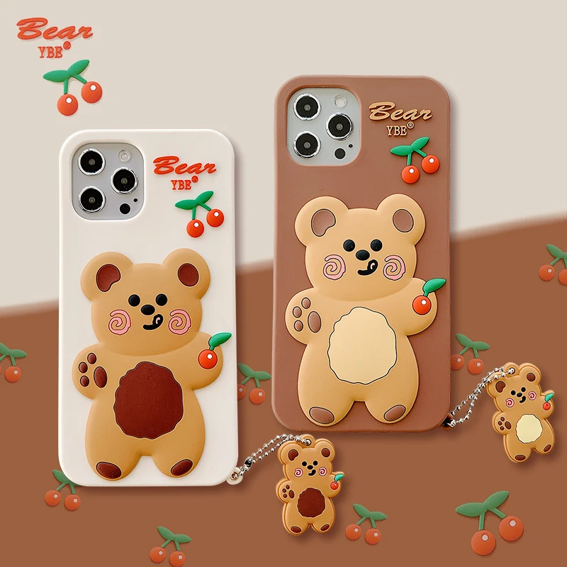 

3D Bear Cherry Soft Silicone Phone Case for Iphone 12 11Pro Max XR XS Max X 8 7 6S Plus Girl Hairball Pendant Animal Cover Coque