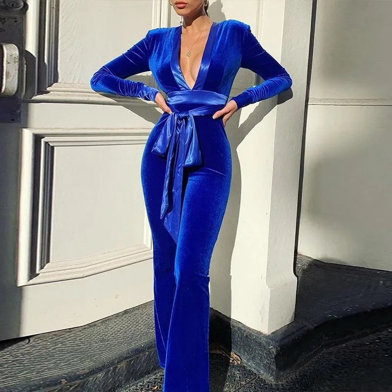 

The new 2021 sexy and casual deep V solid color women's velvet slim body jumpsuit