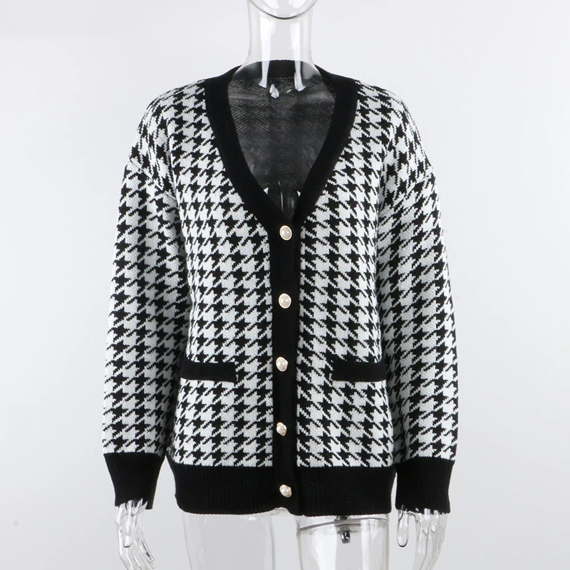 

Women Button Coat Black Houndstooth Cardigan Long Sleeve Sweater Autumn Winter Knitted Loose Oversized Jumper Casual Jacket