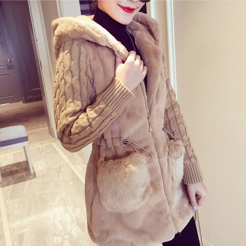 

Women Winter Hooded Loose Fluffy Knitting Stitching Plush Jacket Coats Warm Outerwear Coat Ladies Casual Coats Jaqueta