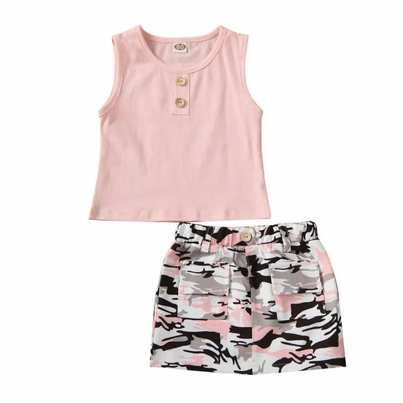 

Pudcoco US Stock 0-5 Years 2pcs Dress Set Toddler Kid Baby Girl Summer Clothes Set Pink Tops Shirt Camo Sheath Dress Outfits Set