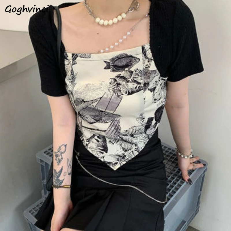 Summer Patchwork Short Sleeve T-shirts Fake Two Pieces Skinny Trendy Female Tops Vintage Streetwear Ins Vibe Korean Style Chic