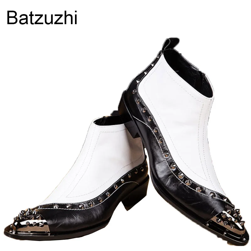 

Batzuzhi ITALY TYPE Increased Height Western Rock Black White Ankle Man Boots Pointed High-top Man Leather Boots, Big EU38-46!