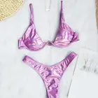 Женский сексуальный бразильский комплект бикини, голографический металлический купальник пуш-ап на косточках