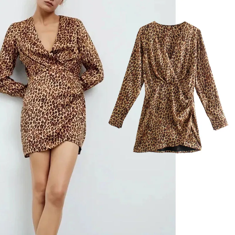 

Xypskh Za Women New Fashion Sexy Leopard Soft Touch Mini Dress Vintage V-neck Long Sleeve Side Zipper Female Dresses Vestidos