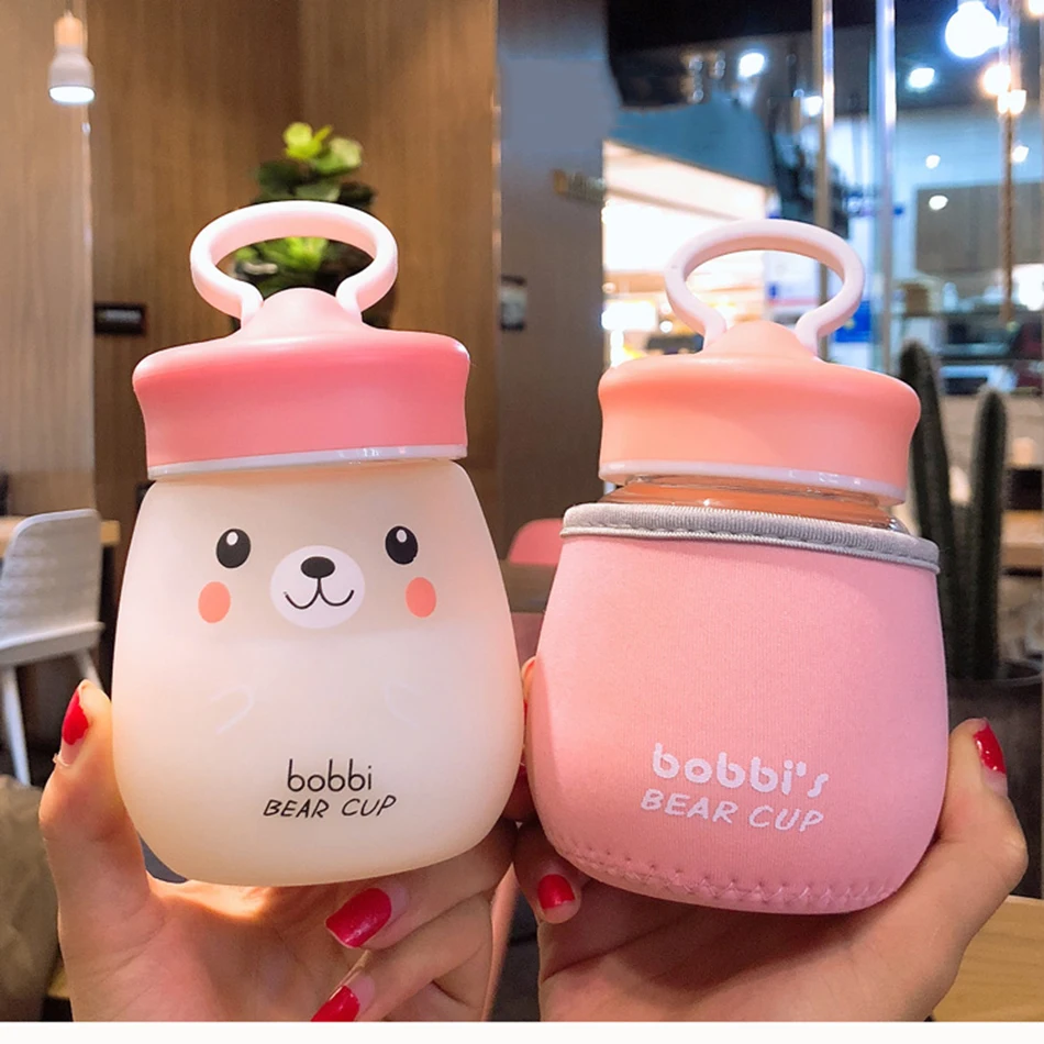 Kawaii стеклянная бутылка для воды, портативная чашка с милым медведем, чайное ситечко, герметичная Питьевая Бутылка для девочек, студентов, детей