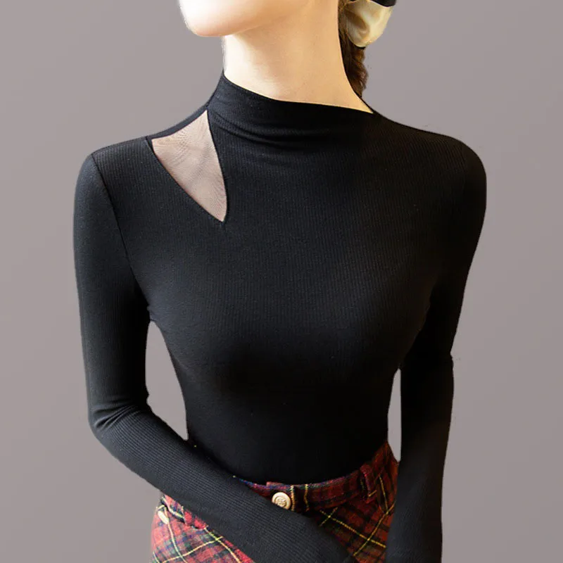 

Женская Сетчатая футболка с высоким воротником, однотонные женские футболки с длинным рукавом, женская одежда на весну и осень, Универсальн...