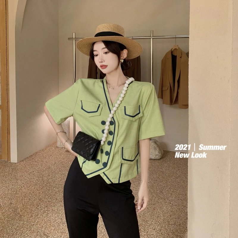 

2021 Short Sleeve Blouse Women Oversized Shirt Female Spring Pocket Official Tops A715