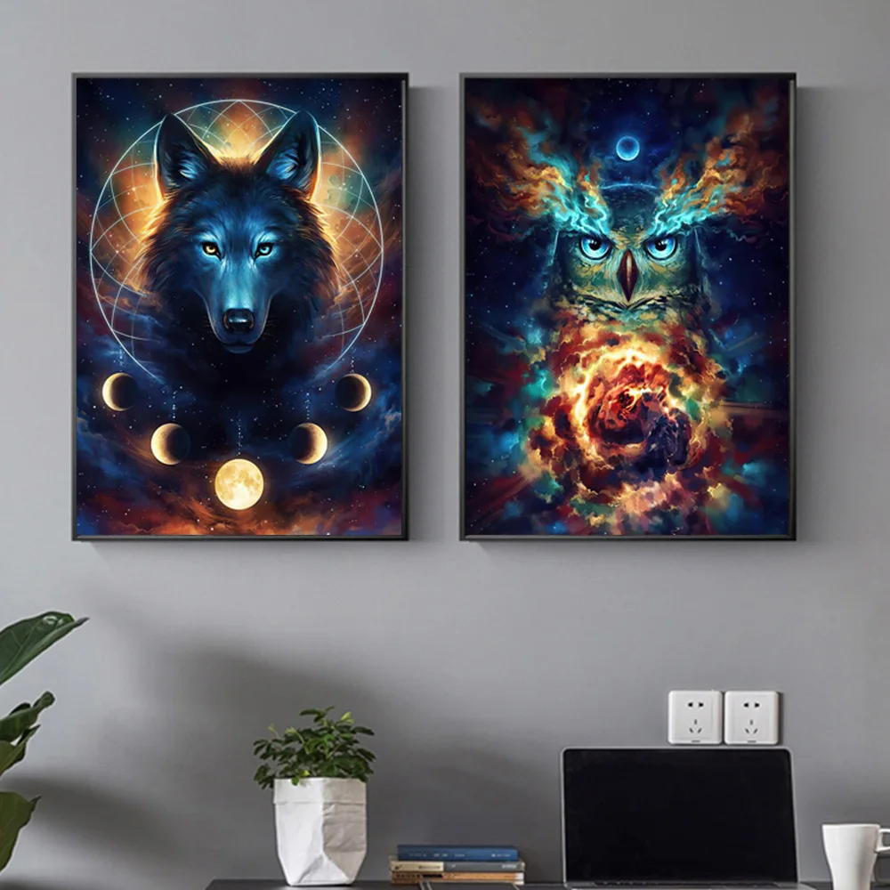 

Abstract Nebula Animal Poster And Prints Owl Wolf Canvas Wall Art Watercolour Decorative Painting For Living Room Mural Pictures