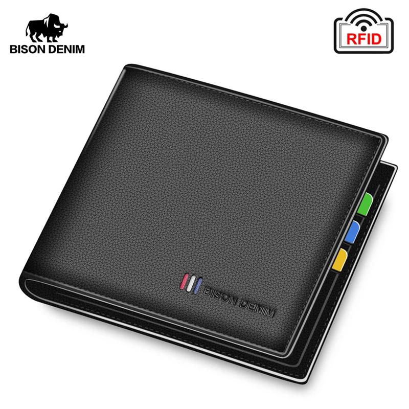 BISON DENIM Cow Leather Wallet Men Fashion Bifold Card Holder Wallet Male Short Standard Purse High Quality N4475