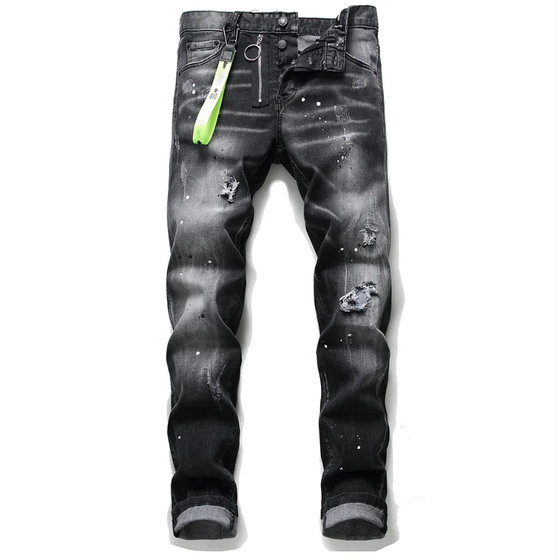 

Men's Jeans Italian DSQ Brand Classic Fashion Boutique Trend Ripped Elastic Slim Casual Men's Clothing Straight Denim Trousers
