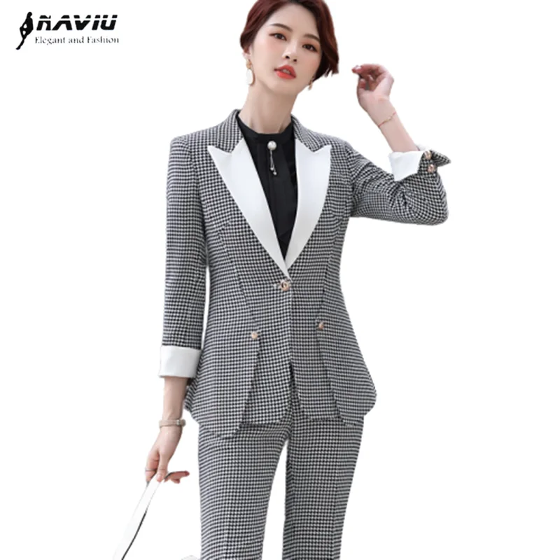 New Plaid Pants Suit Women Fashion Temperament Business Long Sleeve Blazer and Trousers Office Ladies Formal Work Wear