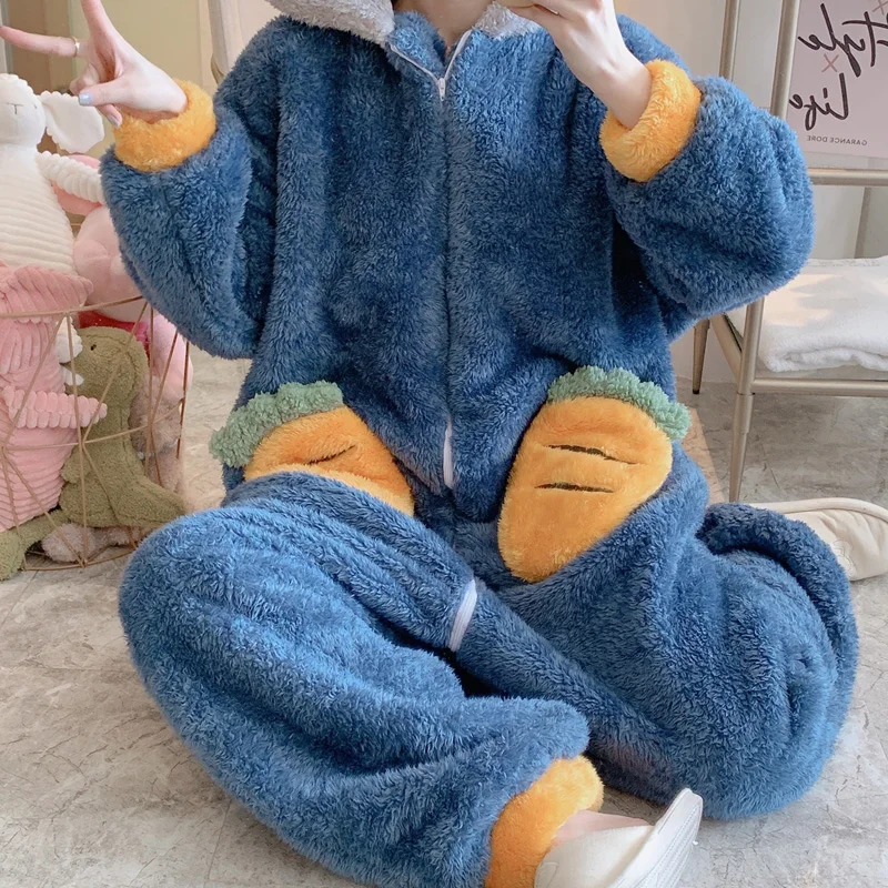 Female Animal Sleepwear Winter Zipper Flannel Pajamas Cute Women Loose Casual Kawaii One-Piece Cartoon Plush Hooded Nightgown