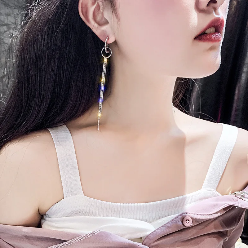 DREJEW Korean Long Tassel Statement Circle Earrings 925 Gold Silver Blue Rose Alloy High Street Fashion Drop Earrings for Women