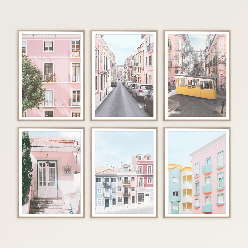 Постеры с изображением португальского города, Лиссабон, румян, розовая Пастельная стена, пейзаж, живопись на холсте, современные картины, гостиная, домашний декор Постеры с изображением португальского города, Лиссабон, румян, розовая Пастельная стена, пейзаж, живопись на холсте, современные картины, гостиная, домашний декор