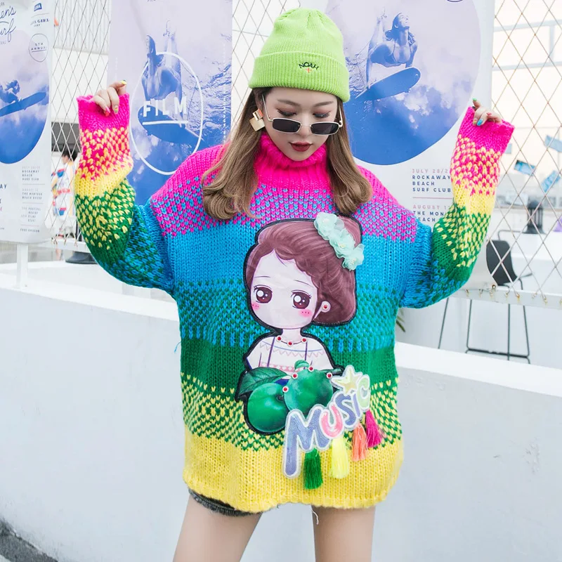 Vefadisa Autumn Cartoon Turtleneck Pullovers Sweater Stripe Long Sleeve Tassel Casual Woman 2019 QYF508 | Женская одежда