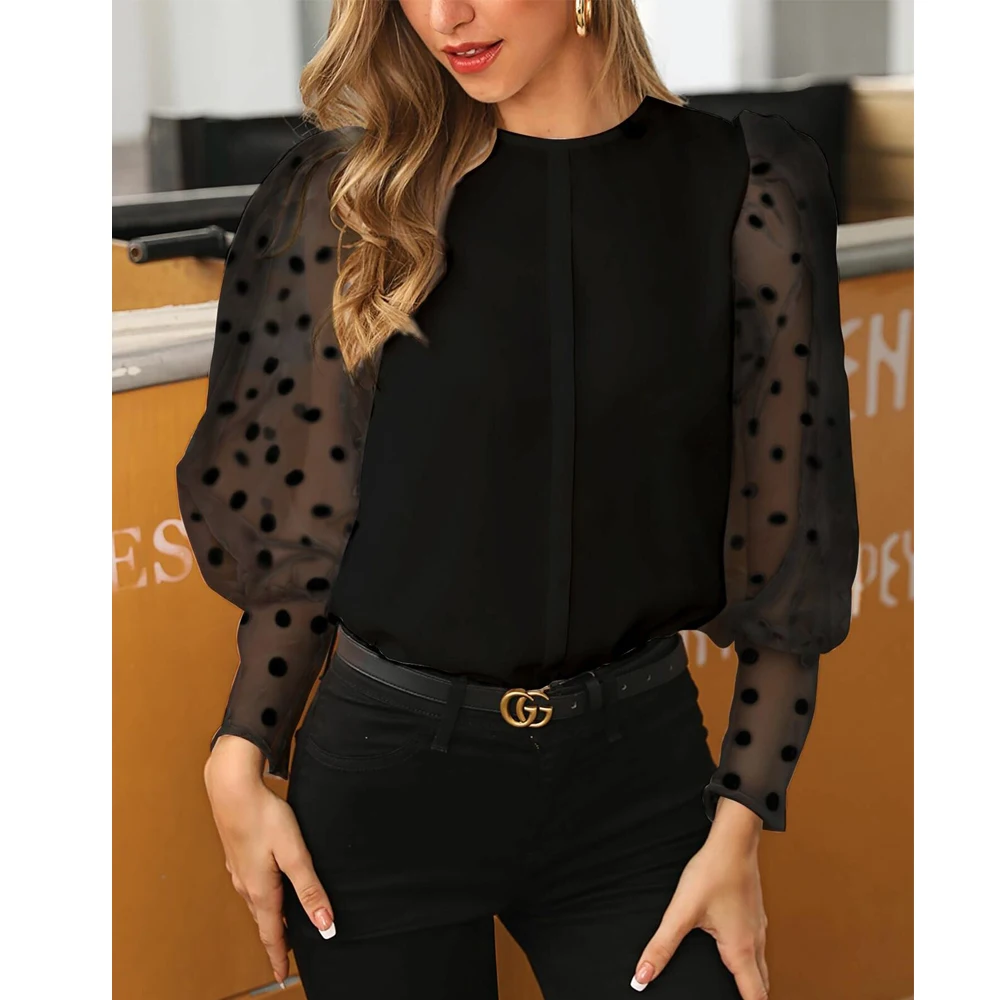 Женская прозрачная блузка с длинным рукавом кружевной топ круглым вырезом и