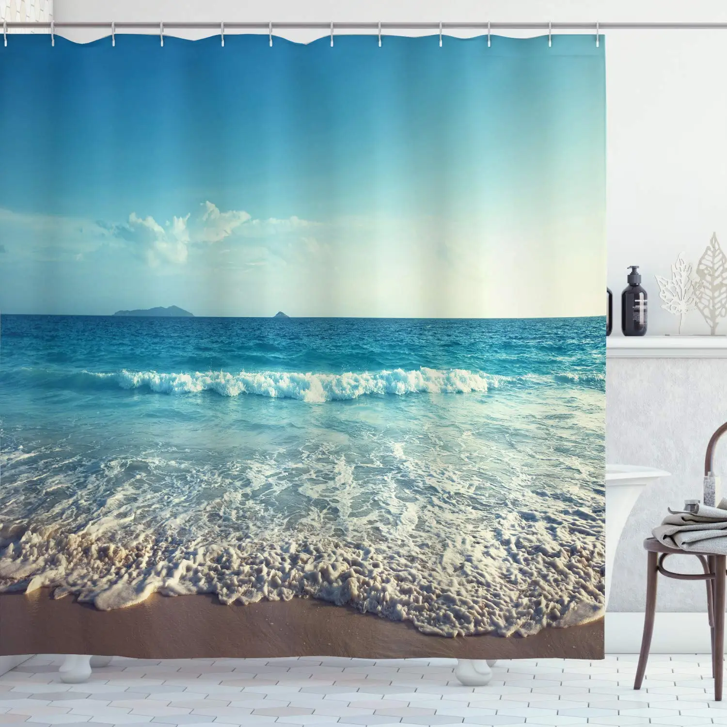 Широкий кран занавеска для душа на закате Сейшелы Пляж Лето праздник