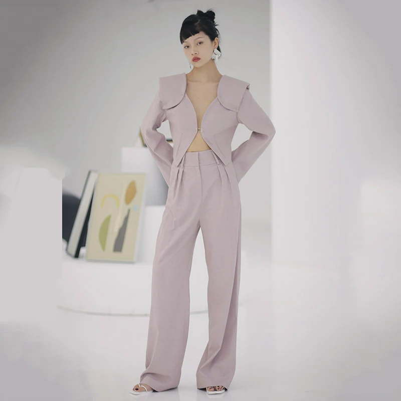 DEAT Women Leg High Waist Trousers Loose Fit Pink Color Pants 2021 Fashion Spring New Straight High Quality Cloth 2021 1S717