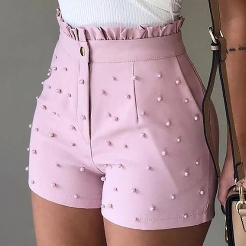 Calções de Verão Feminino com Folhos Nova Moda Sólida Cintura Alta Botões Contas Verão 2022 Cor