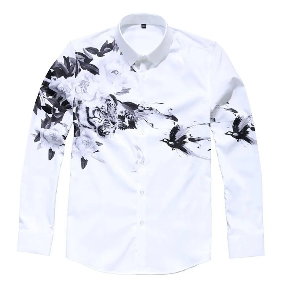 Men's Long-sleeved Shirt, Autumn Lapel Button, Youth Trend Tiger Flower Bird Digital Printing Non-iron Long-sleeved White Shirt