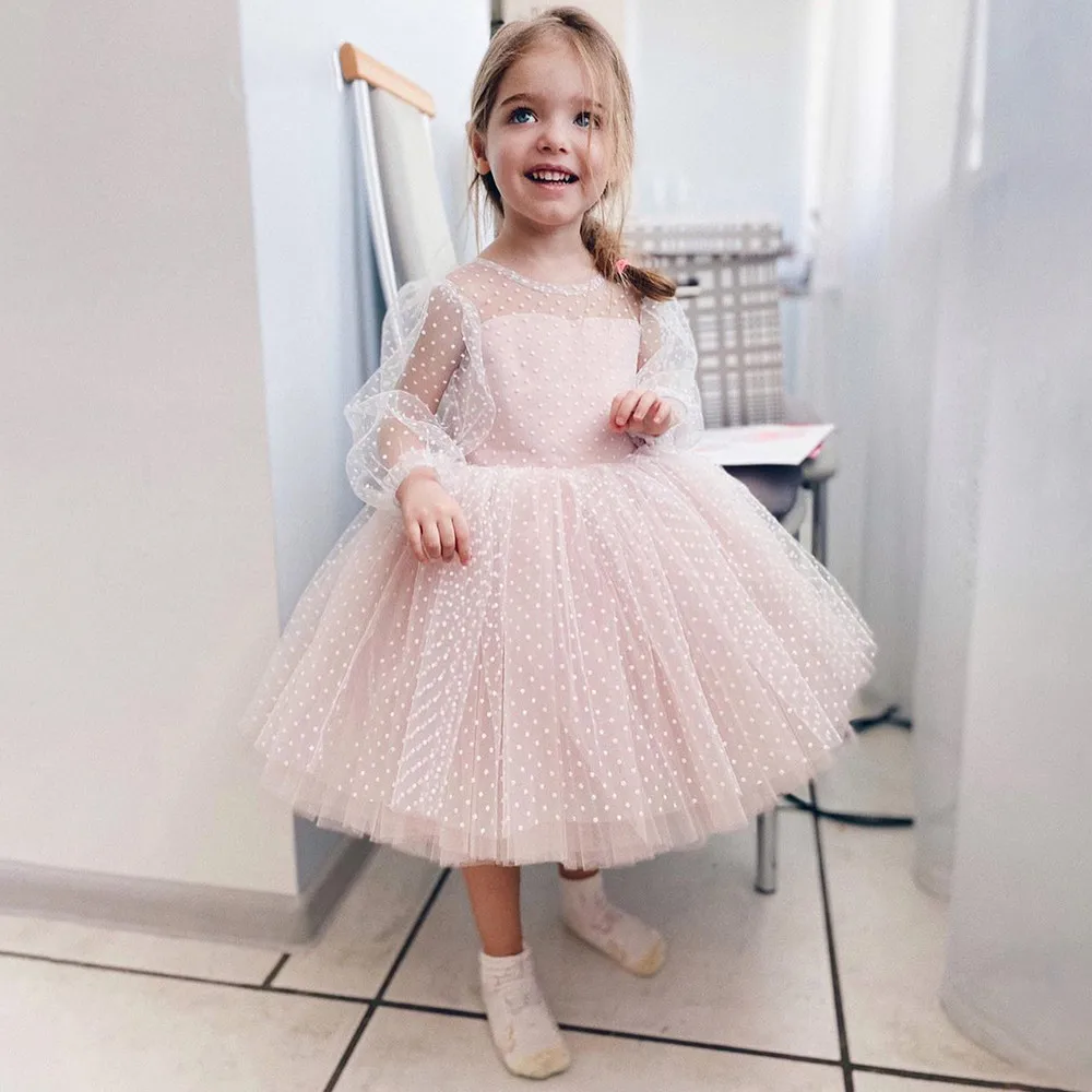 

Ball Gown Girl Party Dresses long Illusion Sleeves Puffy Layers Girl Birthday Dress Girl For Party Wedding robe princesse Dress