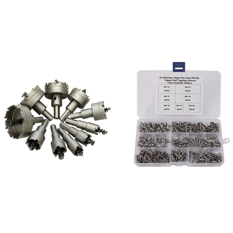 

10Pcs Carbide Tip Hss Drill Bit Saw Set With 220Pcs M3 M4 M5 Mini Cross Phillips Pan Round Head Self Tapping Wood Screw Promotio