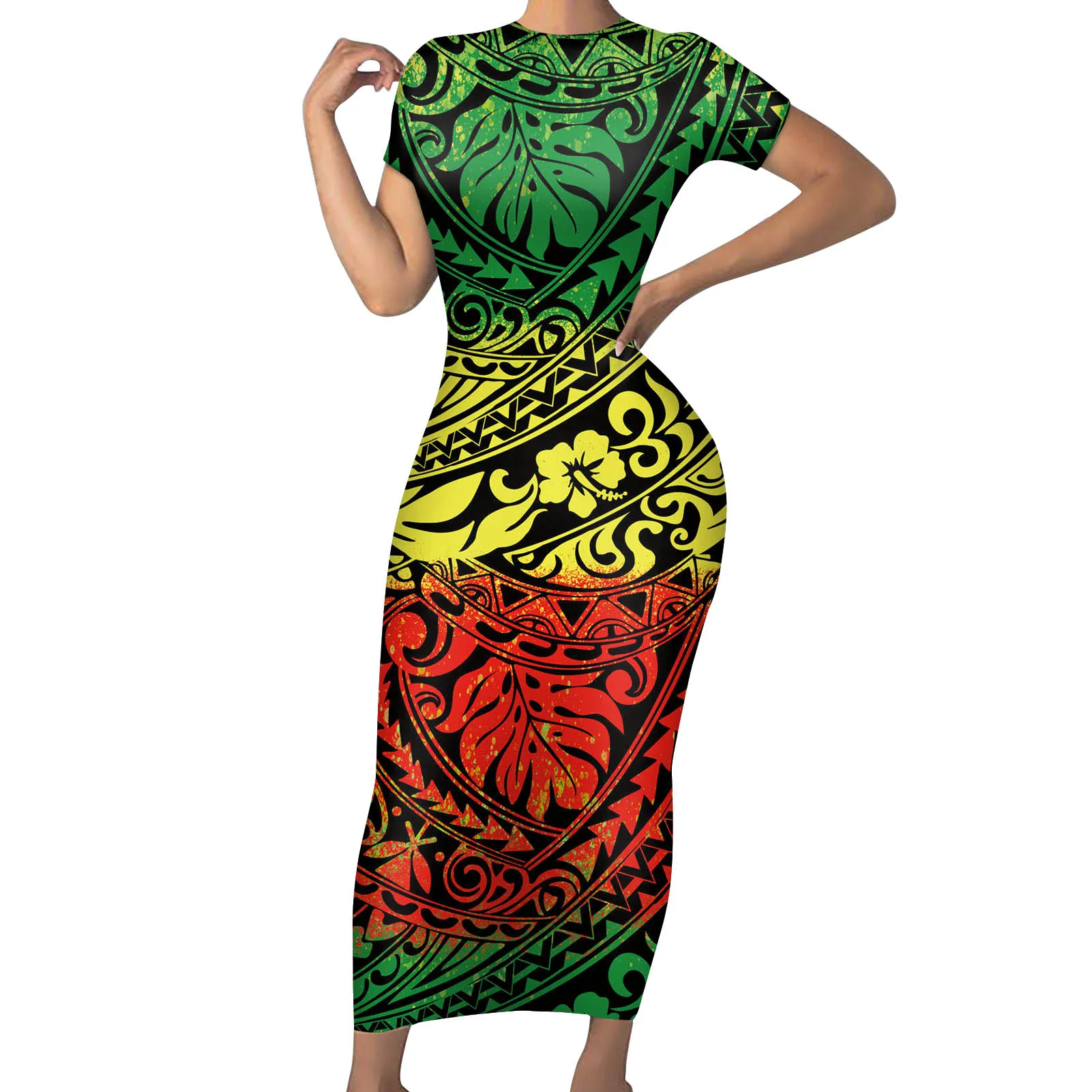 

New Arrivals Custom Polynesian Tribal Rasta Color Background With Monstera Leaf Hibiscus Ladies Summer Tight Fashion Dress