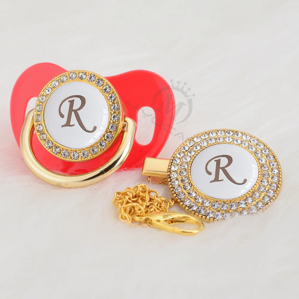 

MIYOCAR name Initial letter R unique silver bling pacifier and pacifier clips BPA free silicone nipple dummy bling SGS LR-W