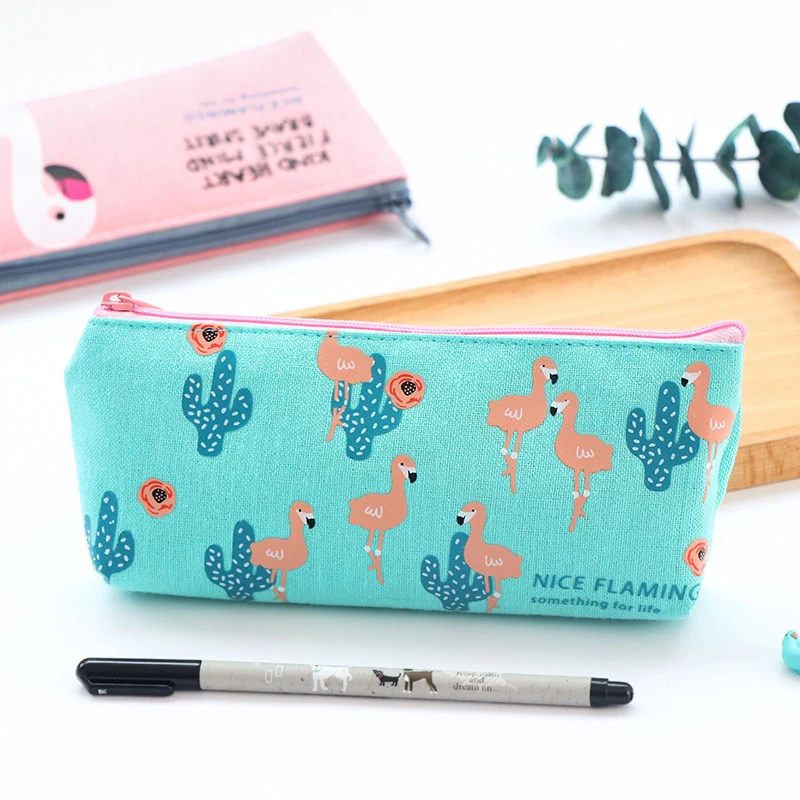 

DL Korean cute simple Flamingo canvas bag student female small fresh zipper large stationery bag pencil box