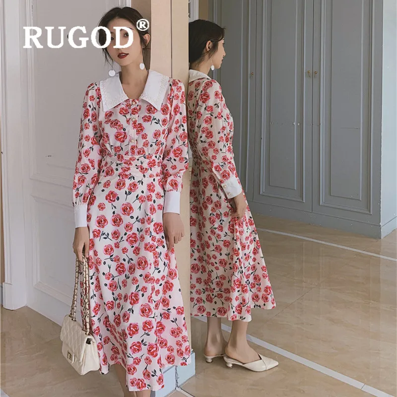 Женское облегающее платье RUGOD весеннее с цветочным принтом воротником Питер Пэн