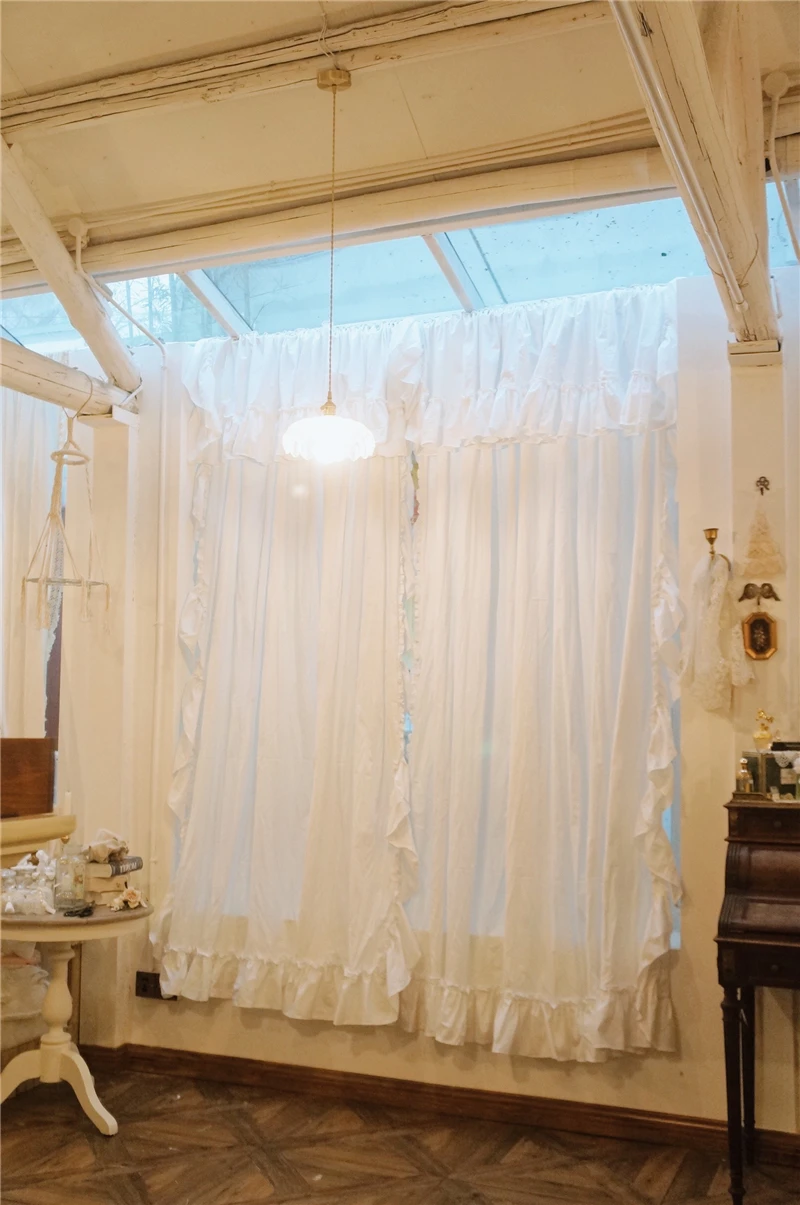 French Style White Cotton Curtains with Valance for Living Room Ruffles Rod Pocket Solid Color Window Drapes Girl's Bedroom | Дом и сад