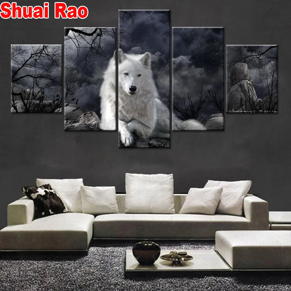 

5 Panel Animal Wolf night Landscape diamond painting 100% square round cross stitch diamond set mosaic full embroidery ,