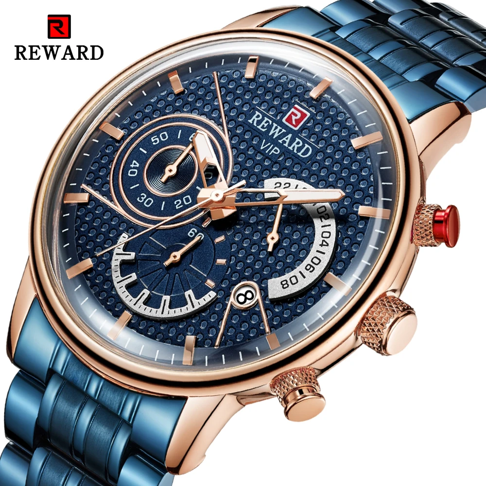 

REWARD Luxury Mens Watches Sports Chronograph Waterproof Analog 24 Hour Date Quartz Watch Men Full Steel Wrist Watches Clock