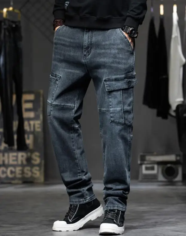 High Waist Jeans Men Stretched Loose Straight Tall Man Denim Trousers Elastic Jeans  Straight Loose Pants