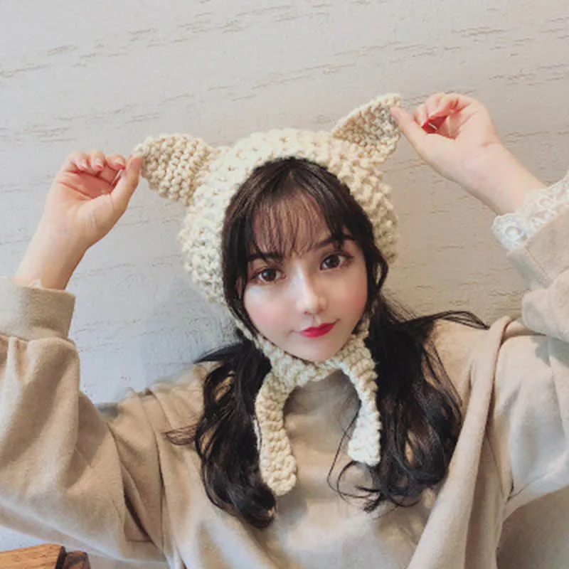 Милые шерстяные наушники женские зимние теплые милые кошачьи уши Теплые Ретро